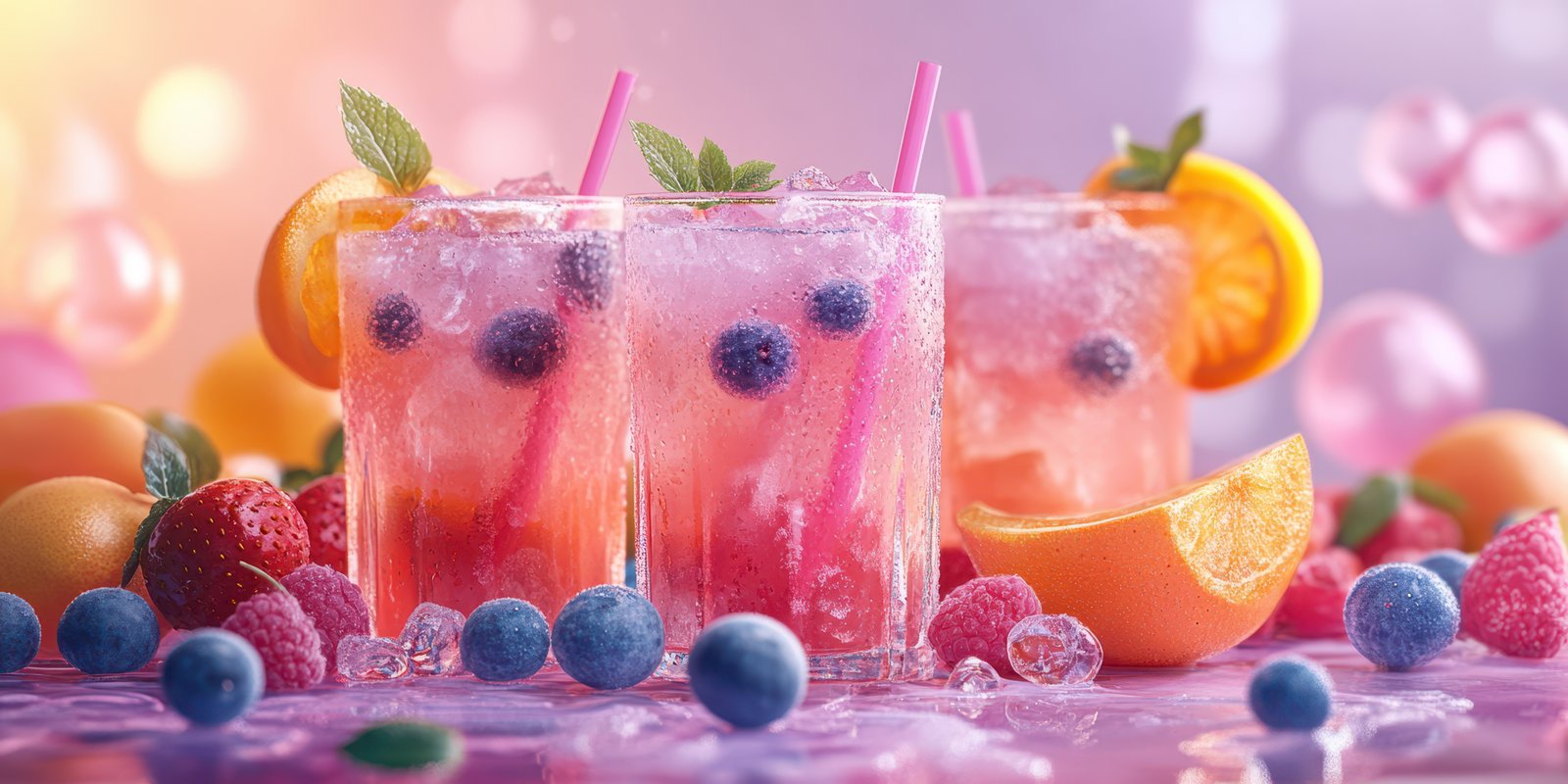 Colorful fruit drinks with ice and berries on a vibrant table setting during a summer gathering